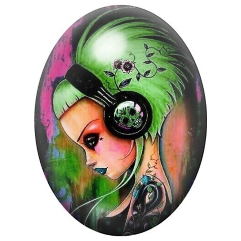 Cabochon en Verre Illustré Femme Punk aux Cheveux Verts 13x18, 18x25 ou 30x40mm