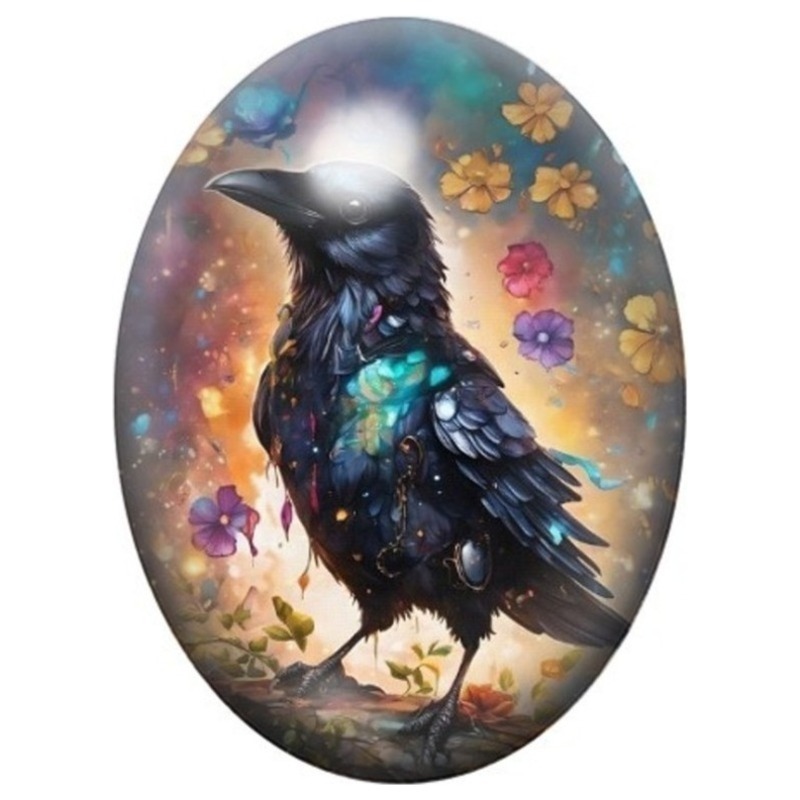Cabochon en Verre Illustré Corbeau aux Plumes Colorées et aux Fleurs 13x18, 18x25 ou 30x40mm