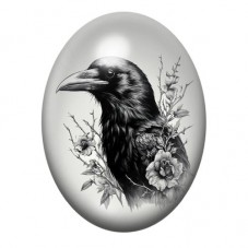 Cabochon en Verre Illustré Corbeau Noir aux Branches Fleuries 13x18, 18x25 ou 30x40mm pour la création de bijoux fantaisie - DIY