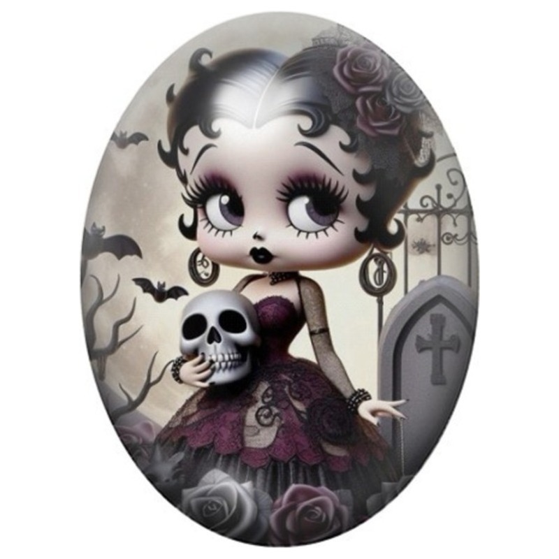 Cabochon en Verre Illustré Pin-Up Gothique au Crâne 13x18, 18x25 ou 30x40mm