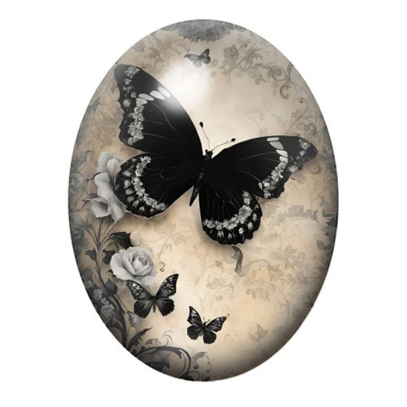 Cabochon en Verre Illustré Papillon Noir sur Fond Ancien 13x18, 18x25 ou 30x40mm