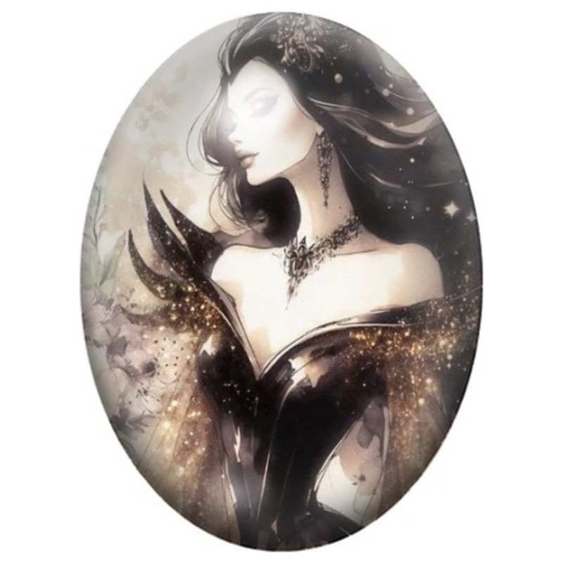 Cabochon en Verre Illustré Femme Gothique à la Lune 13x18, 18x25 ou 30x40mm