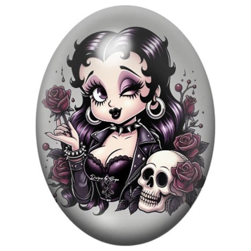 Cabochon en Verre Illustré Femme Pin-Up Gothique aux Roses 13x18, 18x25 ou 30x40mm