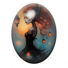 Cabochon en Verre Illustré Femme Squelette dans la Nuit Orange 13x18, 18x25 ou 30x40mm pour la création de bijoux fantaisie - DI