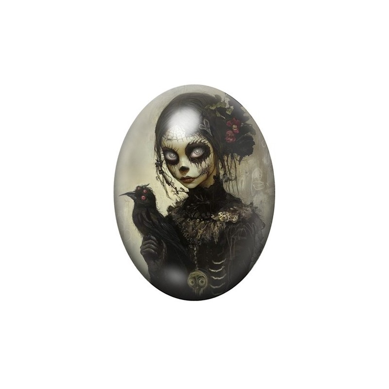 Cabochon en Verre Illustré Femme Calavera Corbeau Gothique 13x18, 18x25 ou 30x40mm