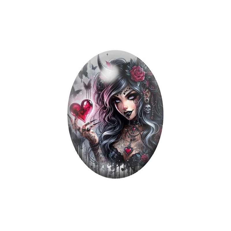 Cabochon en Verre Illustré Femme Coeur Gothique 13x18, 18x25 ou 30x40mm