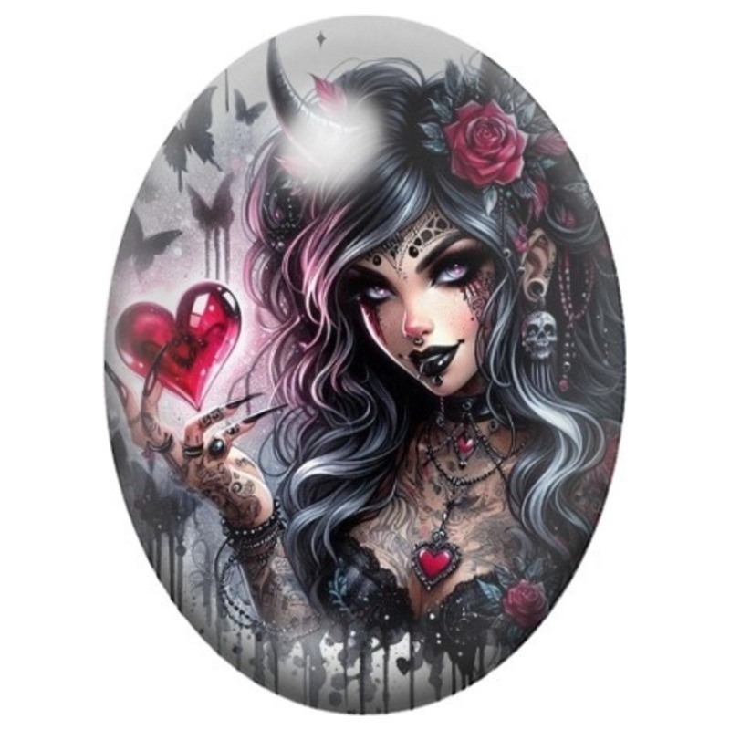 Cabochon en Verre Illustré Femme Gothique au Cœur Brisé 13x18, 18x25 ou 30x40mm
