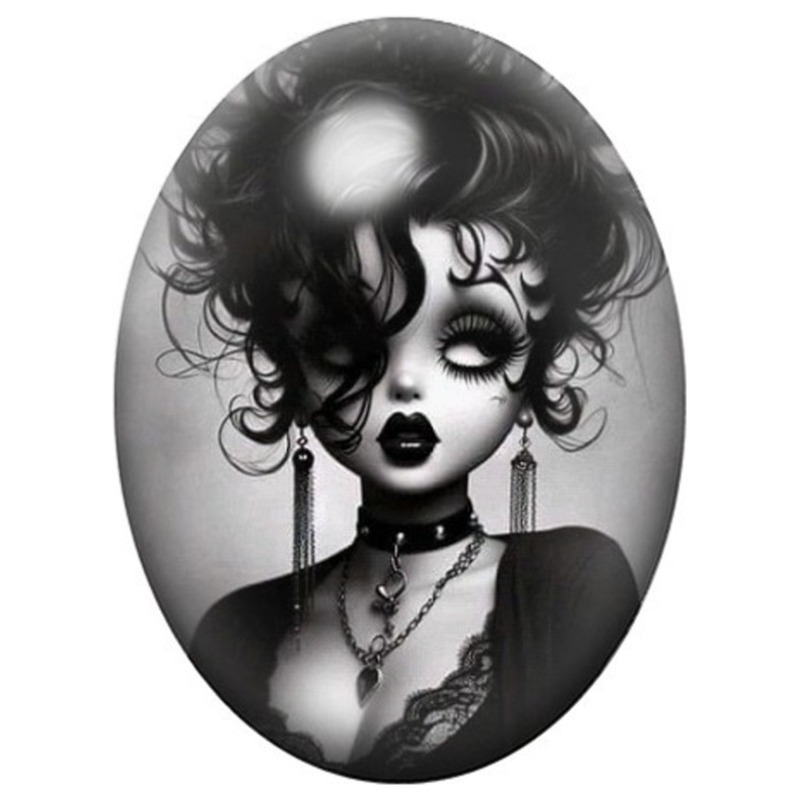 Cabochon en Verre Illustré Pin-up Gothique aux Cheveux Bouclés 13x18, 18x25 ou 30x40mm