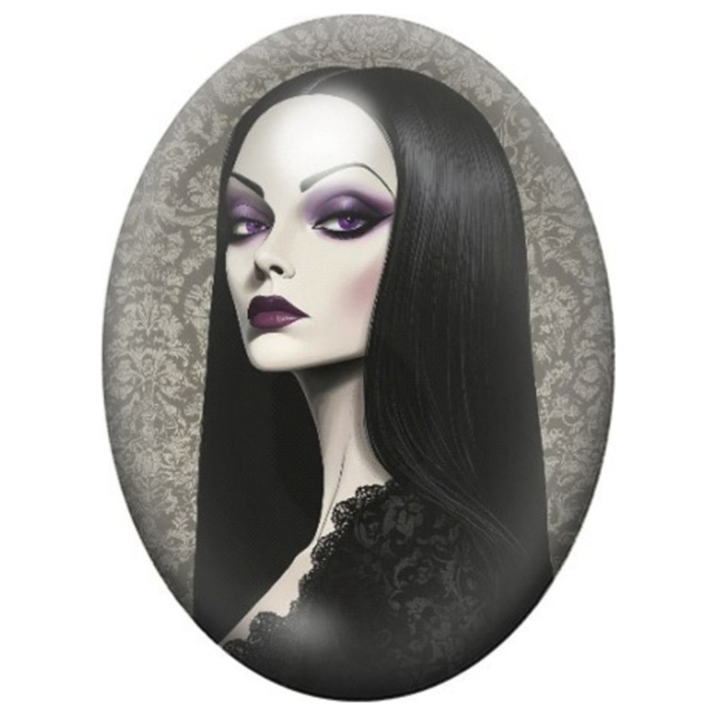 Cabochon en Verre Illustré Femme Gothique aux Longs Cheveux Noirs 13x18, 18x25 ou 30x40mm