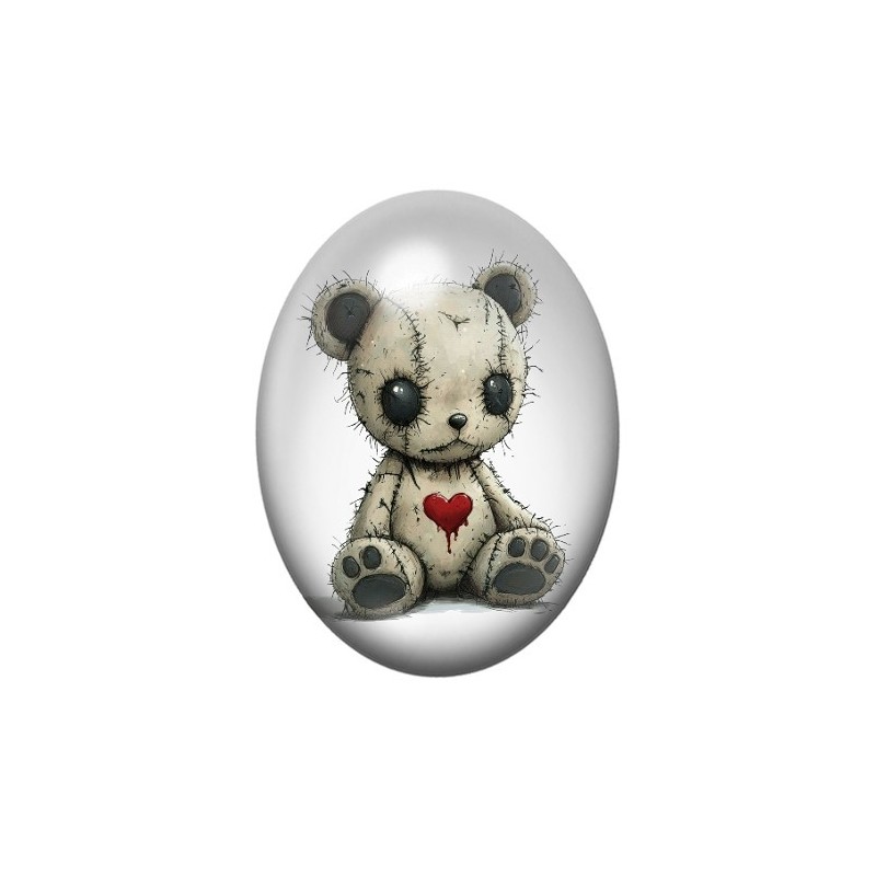 Cabochon en Verre Illustré Nounours Coeur Gothique 13x18, 18x25 ou 30x40mm