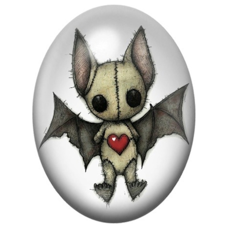 Cabochon en Verre Illustré Chauve-Souris de Chiffon au Cœur Rouge 13x18, 18x25 ou 30x40mm