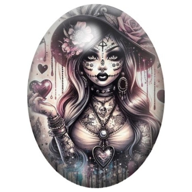 Cabochon en Verre Illustré Sorcière Gothique aux Cristaux 13x18, 18x25 ou 30x40mm