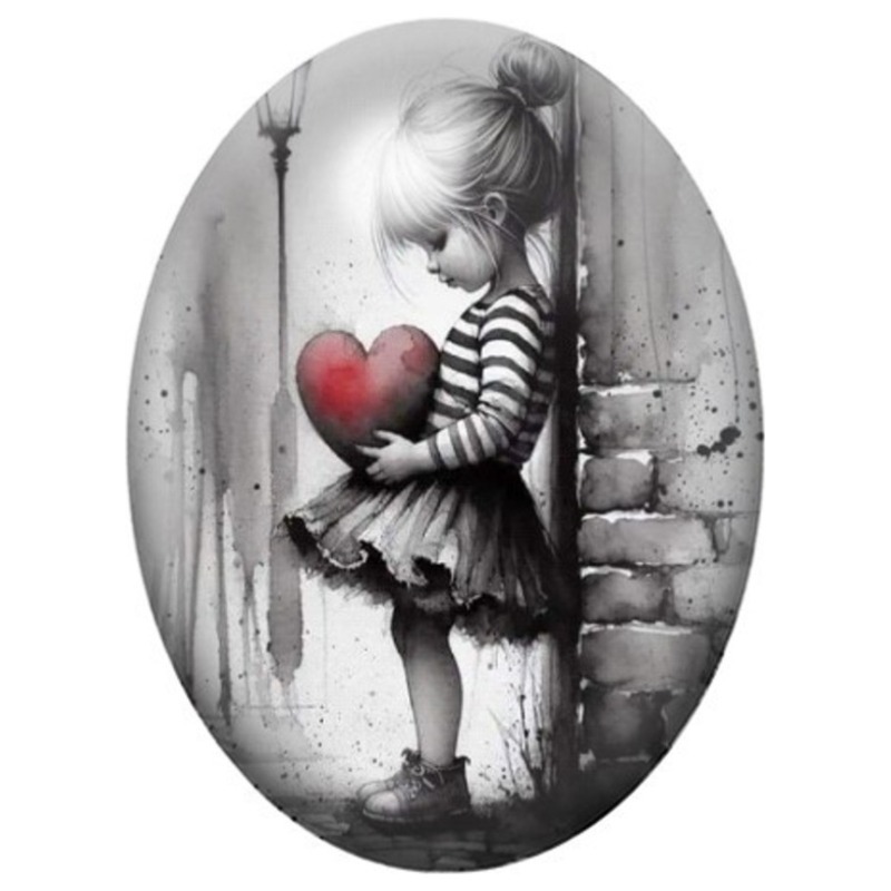 Cabochon en Verre Illustré Fillette Gothique au Cœur Rouge 13x18, 18x25 ou 30x40mm