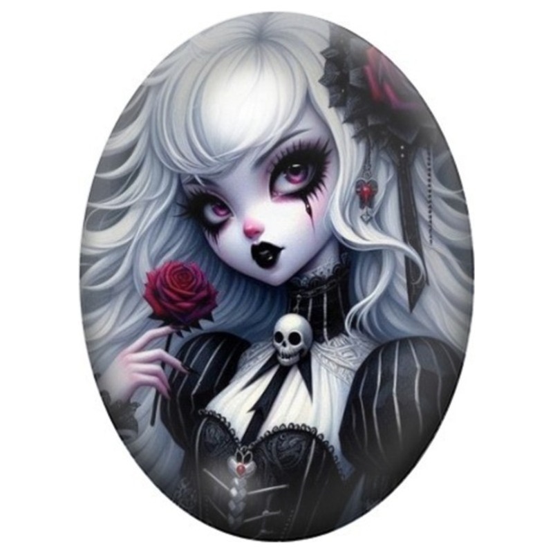 Cabochon en Verre Illustré Femme Gothique à la Rose et au Crâne 13x18, 18x25 ou 30x40mm