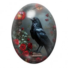 Cabochon en Verre Illustré Corbeau aux Roses Rouges et Papillons 13x18, 18x25 ou 30x40mm pour la création de bijoux fantaisie - 