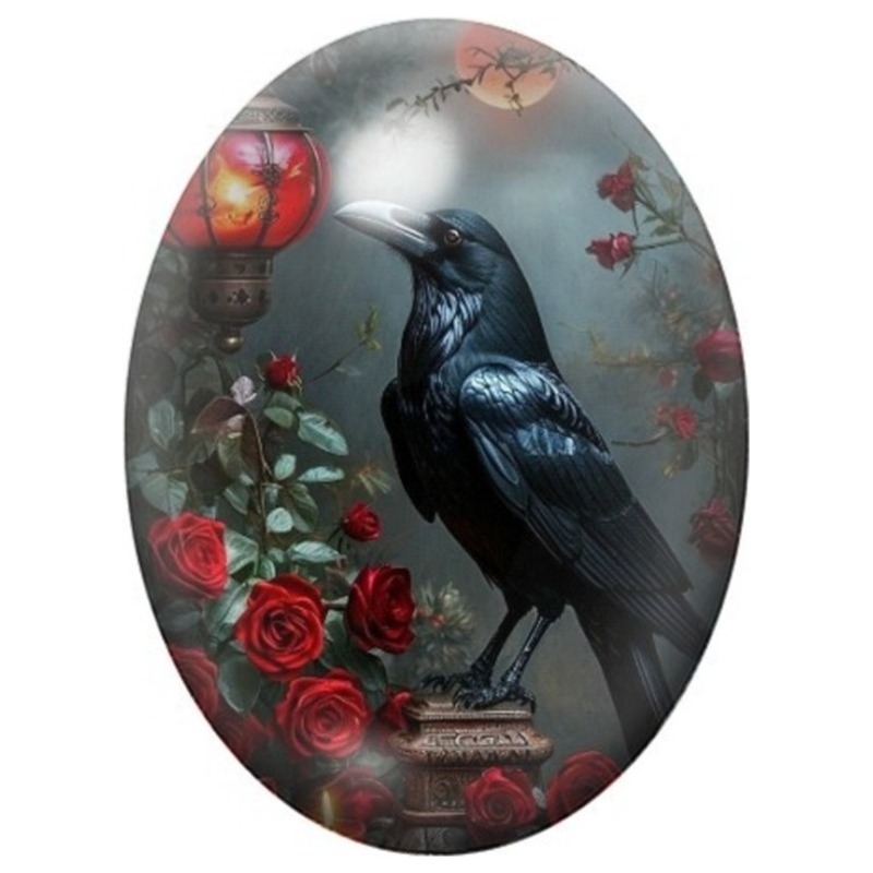 Cabochon en Verre Illustré Corbeau aux Roses Rouges et Papillons 13x18, 18x25 ou 30x40mm