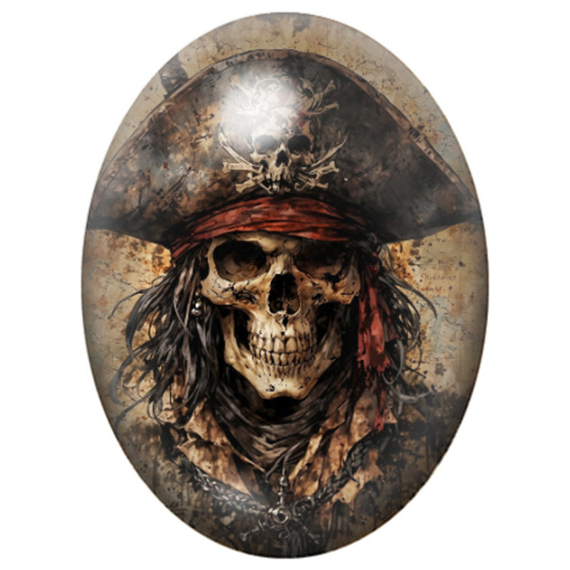 Cabochon en Verre Illustré Squelette Pirate au Bandeau Rouge 13x18, 18x25 ou 30x40mm