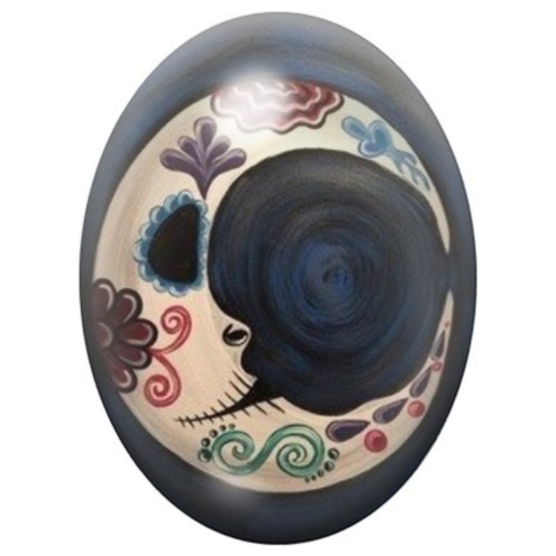 Cabochon en Verre Illustré Lune Calavera aux Fleurs Colorées 13x18, 18x25 ou 30x40mm