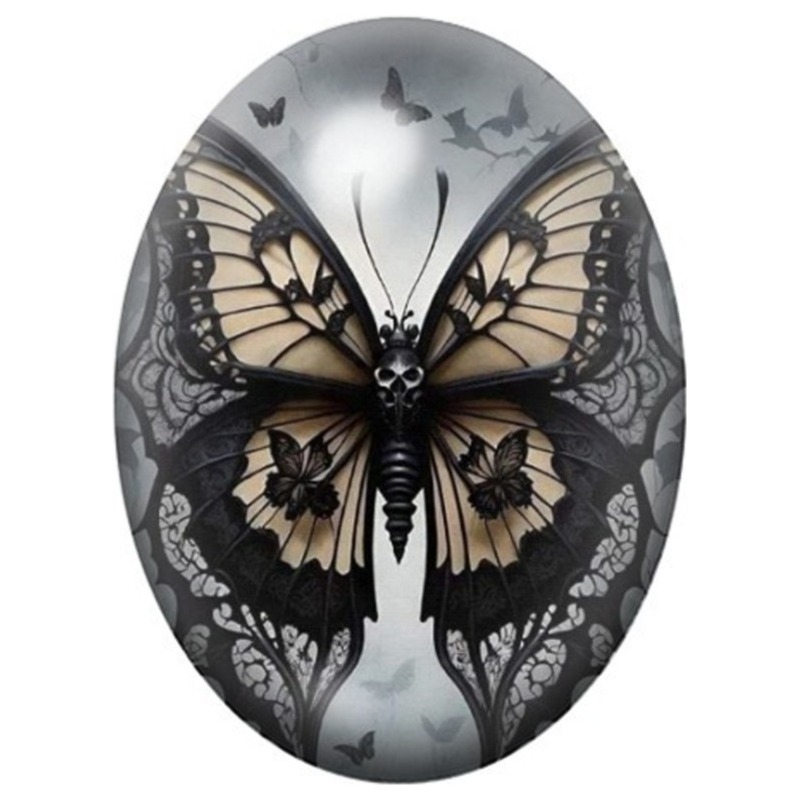 Cabochon en Verre Illustré Papillon Gothique aux Crânes et Dentelle 13x18, 18x25 ou 30x40mm