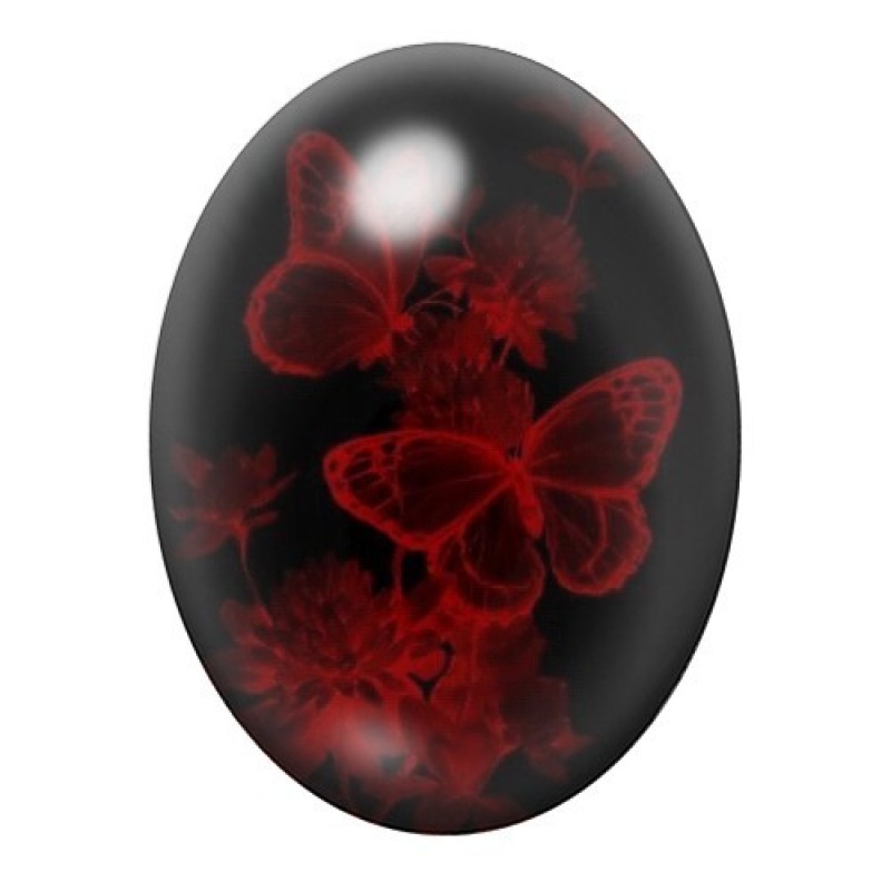 Cabochon en Verre Illustré Papillons Rouges dans une Fumée Noire 13x18, 18x25 ou 30x40mm