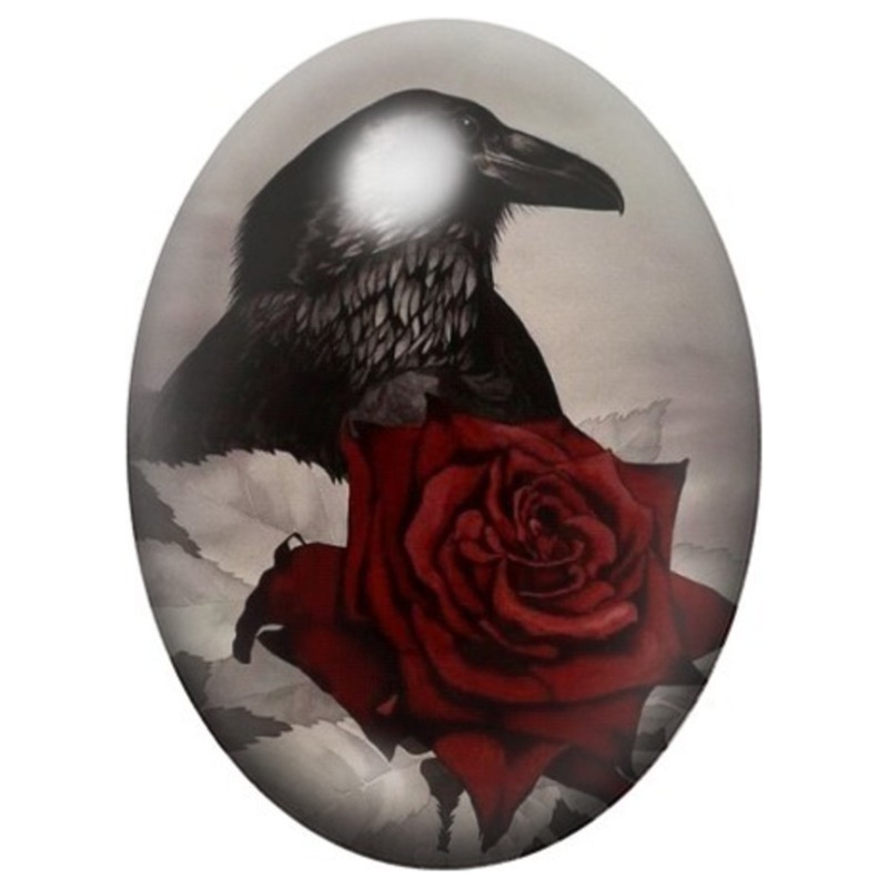Cabochon en Verre Illustré Corbeau à la Rose Rouge 13x18, 18x25 ou 30x40mm