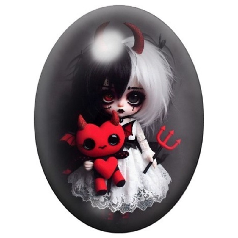 Cabochon en Verre Illustré Petite Diablesse et sa Peluche Rouge 13x18, 18x25 ou 30x40mm