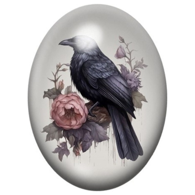 Cabochon en Verre Illustré Corbeau aux Roses Mauves 13x18, 18x25 ou 30x40mm
