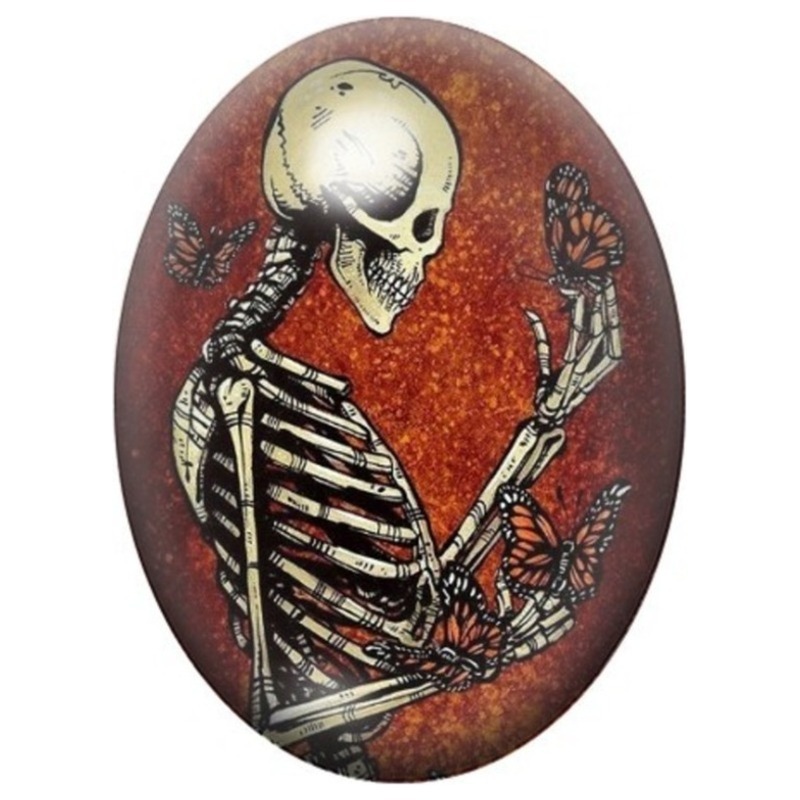 Cabochon en Verre Illustré Squelette aux Papillons Orange 13x18, 18x25 ou 30x40mm