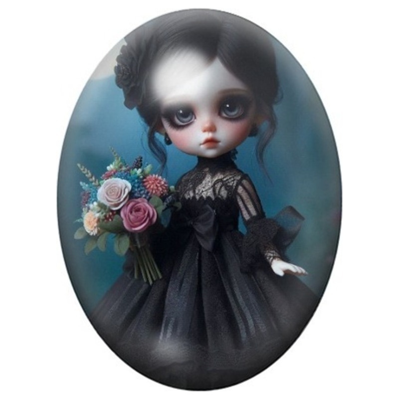 Cabochon en Verre Illustré Poupée Gothique au Bouquet Coloré 13x18, 18x25 ou 30x40mm