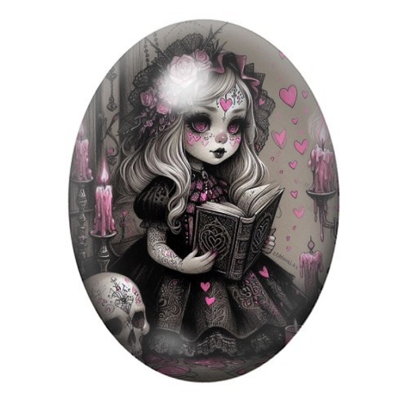 Cabochon en Verre Illustré Petite Fille Coeurs Livre Gothique 13x18, 18x25 ou 30x40mm