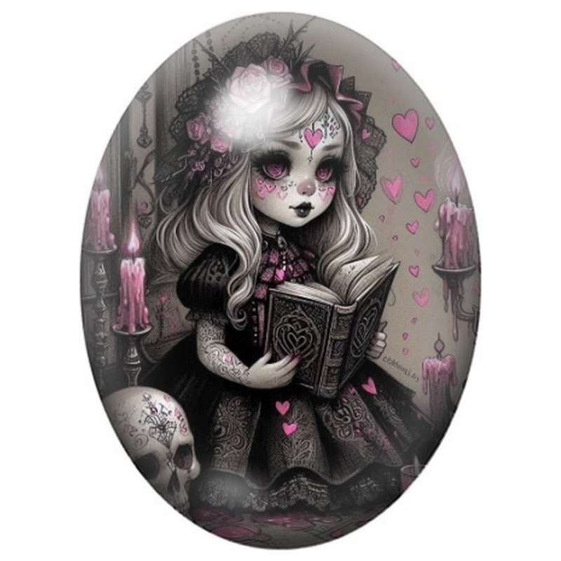 Cabochon en Verre Illustré Petite Sorcière Calavera lisant un Grimoire 13x18, 18x25 ou 30x40mm