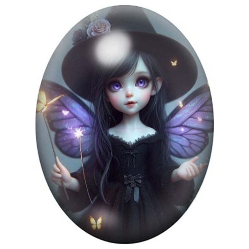 Cabochon en Verre Illustré Petite Fée Sorcière aux Ailes Violettes 13x18, 18x25 ou 30x40mm