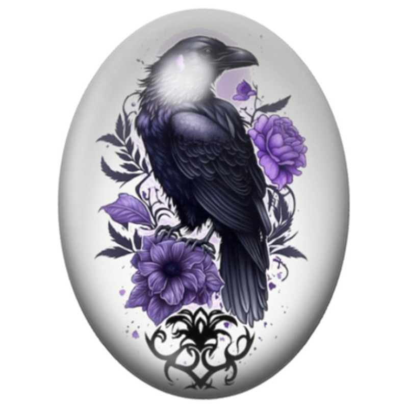 Cabochon en Verre Illustré Corbeau aux Fleurs Violettes 13x18, 18x25 ou 30x40mm