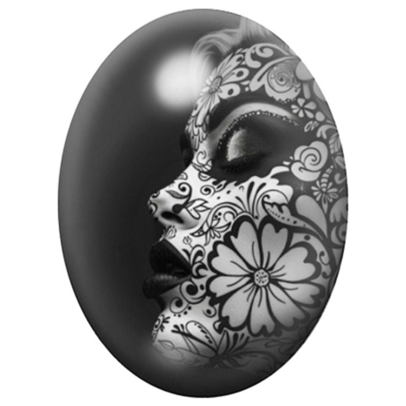 Cabochon en Verre Illustré Profil Calavera aux Fleurs 13x18, 18x25 ou 30x40mm