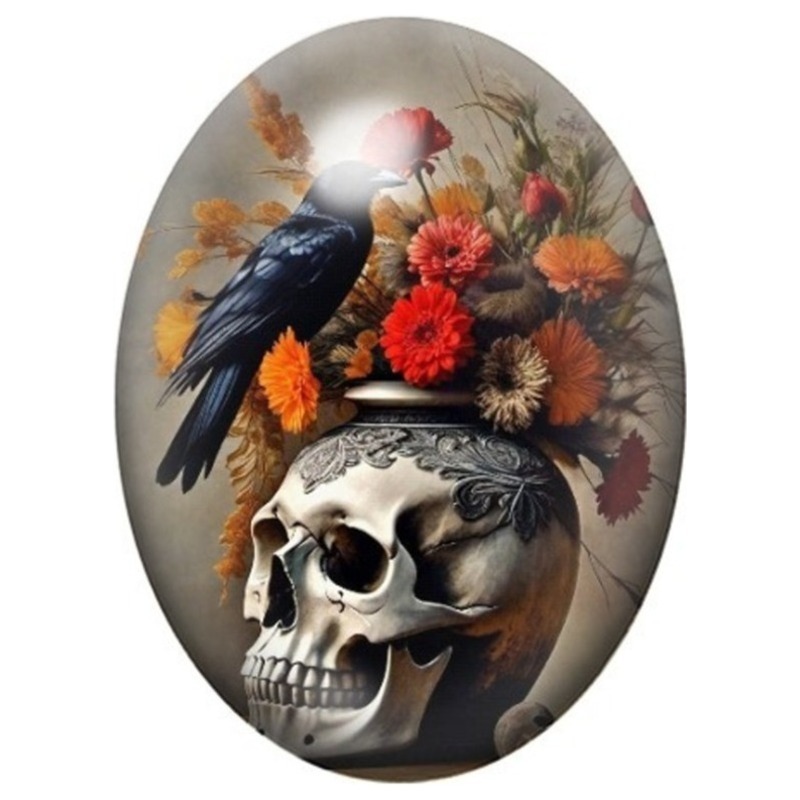 Cabochon en Verre Illustré Corbeau sur un Crâne aux Fleurs d’Automne 13x18, 18x25 ou 30x40mm