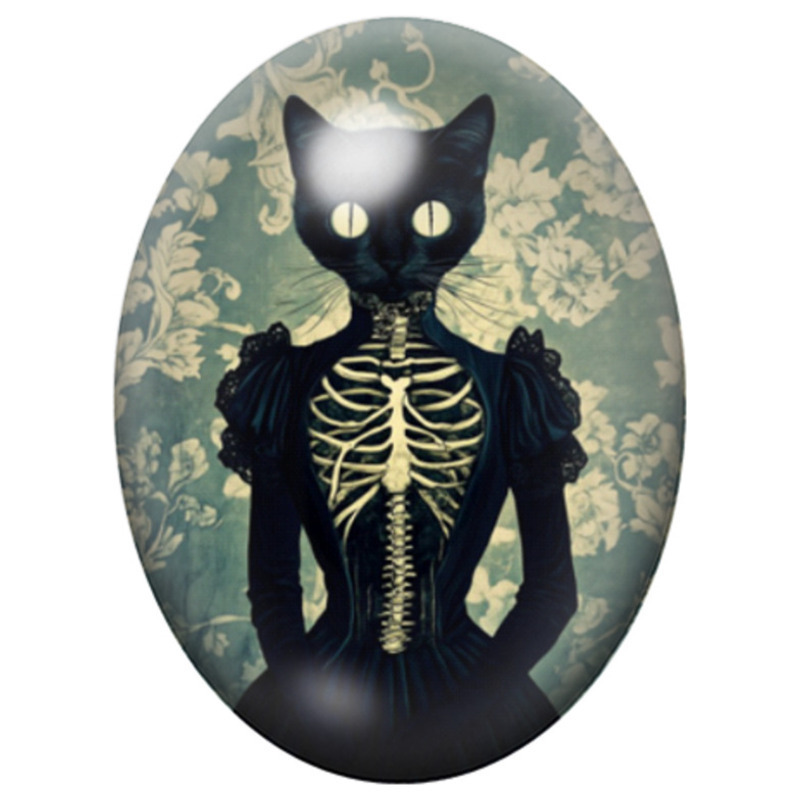 Cabochon en Verre Illustré Chat Noir en Costume Squelette 13x18, 18x25 ou 30x40mm