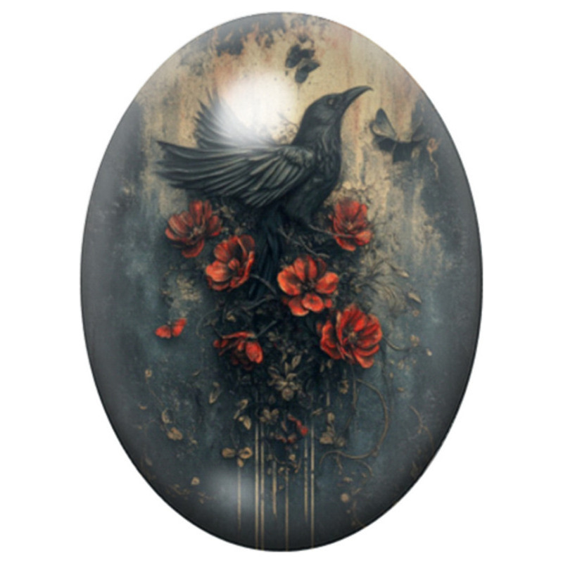 Cabochon en Verre Illustré Corbeau aux Roses Rouges sur Fond Bleu 13x18, 18x25 ou 30x40mm