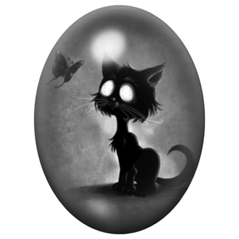 Cabochon en Verre Illustré Chat Noir Fantôme aux Yeux Blancs 13x18, 18x25 ou 30x40mm