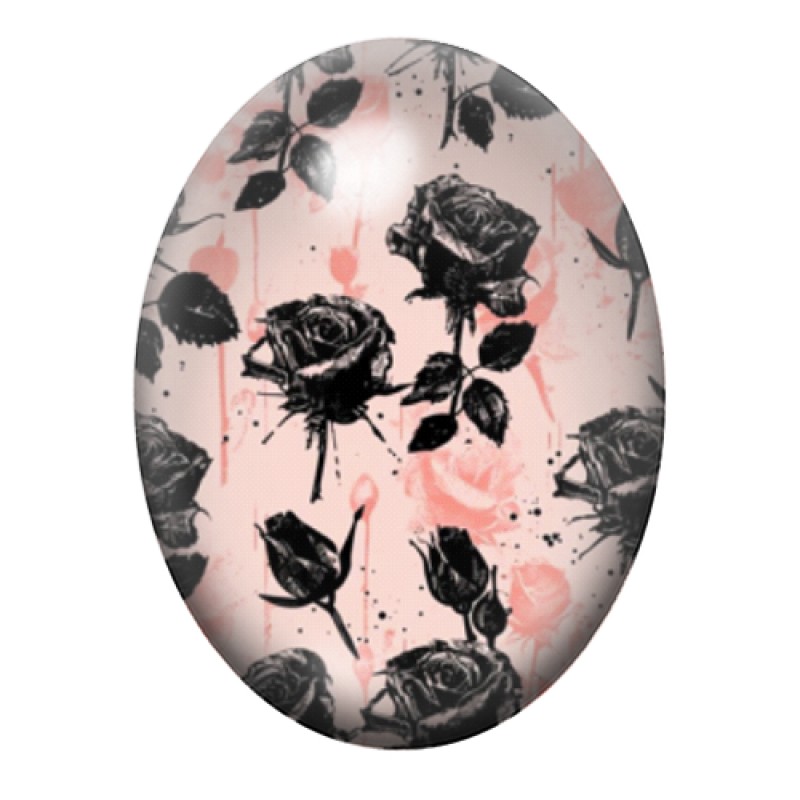 Cabochon en Verre Illustré Roses Noires sur Fond Rose 13x18, 18x25 ou 30x40mm