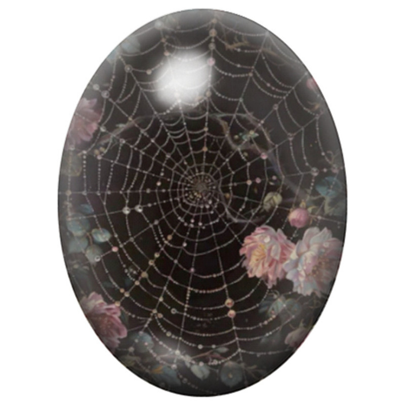Cabochon en Verre Illustré Toile d’Araignée aux Fleurs Roses 13x18, 18x25 ou 30x40mm