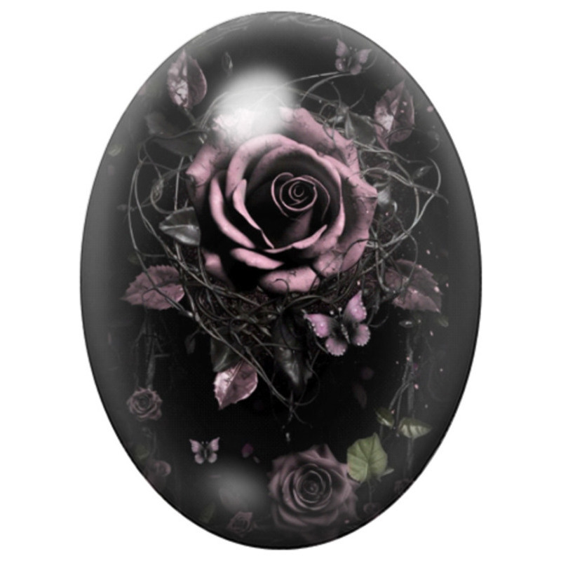 Cabochon en Verre Illustré Rose Mauve sur Toile d’Araignée 13x18, 18x25 ou 30x40mm