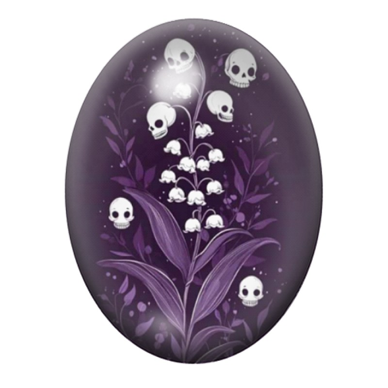 Cabochon en Verre Illustré Muguet de Crânes sur Fond Violet 13x18, 18x25 ou 30x40mm