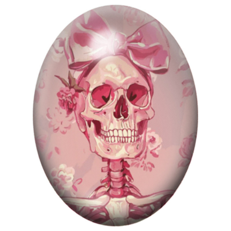 Cabochon en Verre Illustré Squelette Rose sur Fond Rose 13x18, 18x25 ou 30x40mm