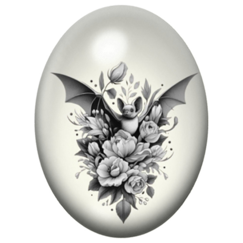 Cabochon en Verre Illustré Chauve-souris aux Fleurs Grises 13x18, 18x25 ou 30x40mm