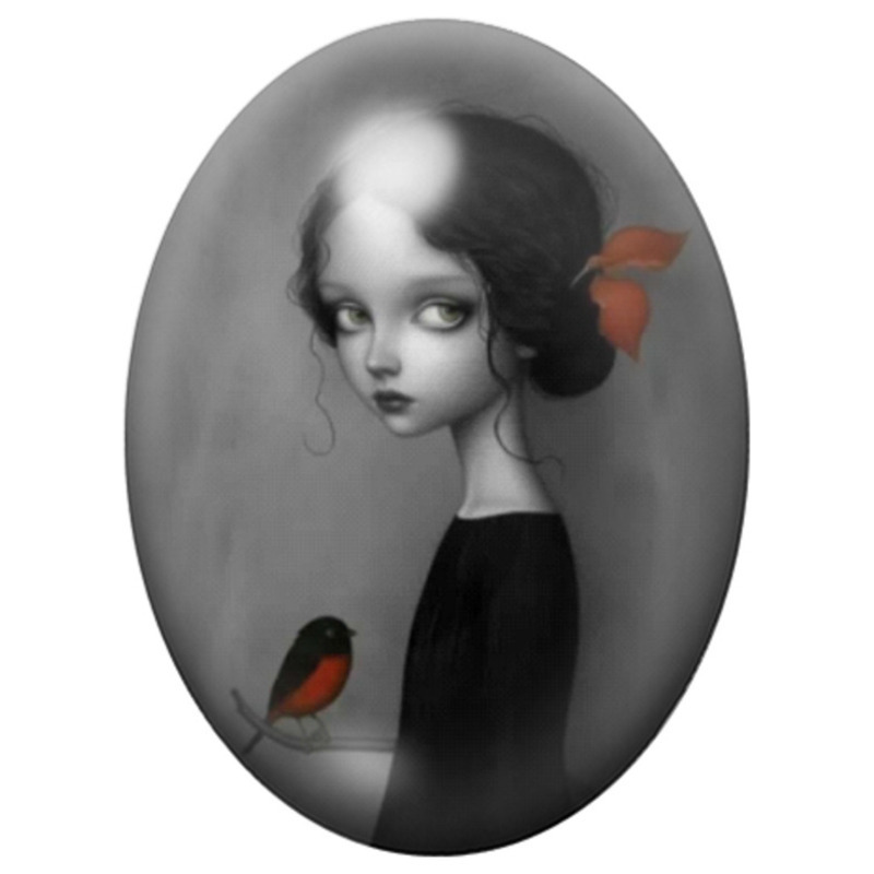 Cabochon en Verre Illustré Jeune Fille Gothique au Rouge-gorge 13x18, 18x25 ou 30x40mm