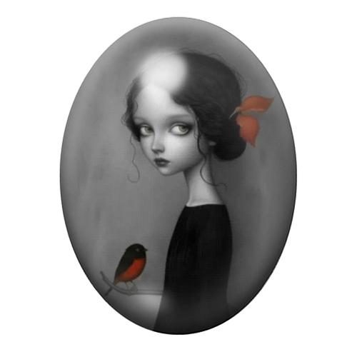 Cabochon en Verre Illustré Jeune Fille Oiseau Gothique 13x18, 18x25 ou 30x40mm