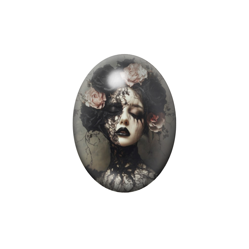 Cabochon en Verre Illustré Femme Fleurs Gothique 13x18, 18x25 ou 30x40mm