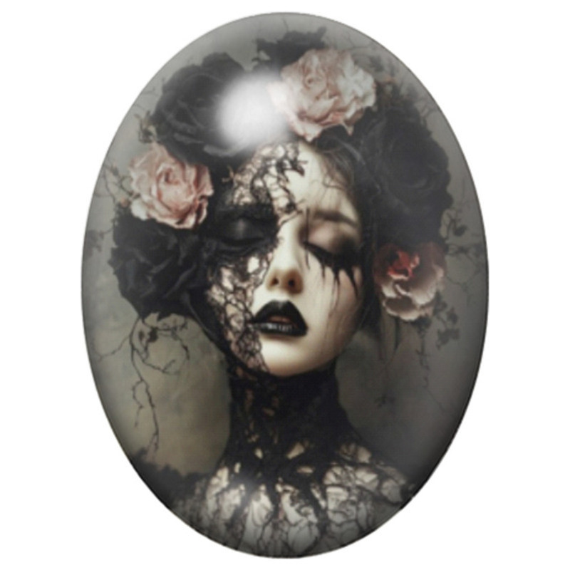 Cabochon en Verre Illustré Femme Gothique aux Roses Fanées 13x18, 18x25 ou 30x40mm