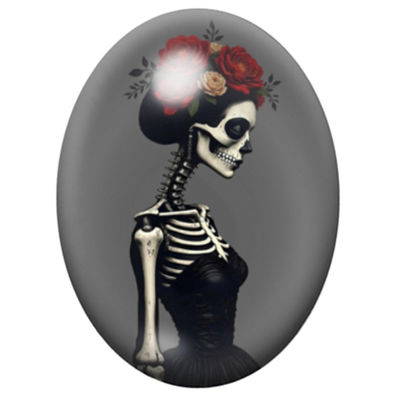 Cabochon en Verre Illustré Femme Squelette au Chignon Fleuri 13x18, 18x25 ou 30x40mm