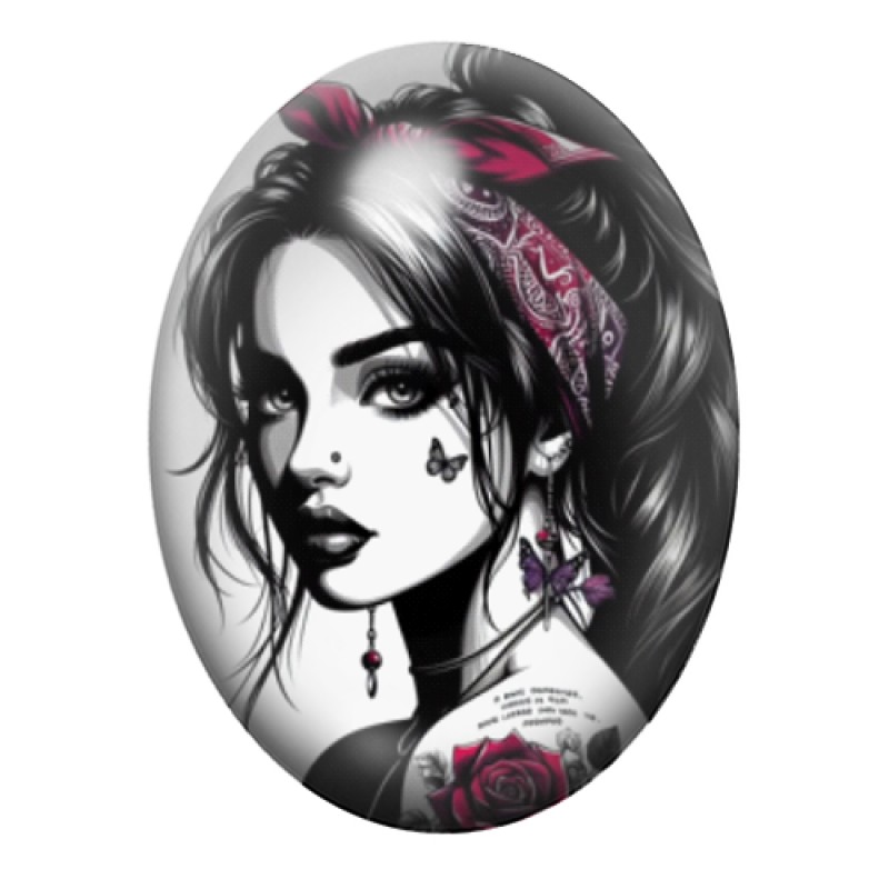 Cabochon en Verre Illustré Femme Tatouée au Papillon et Bandana 13x18, 18x25 ou 30x40mm
